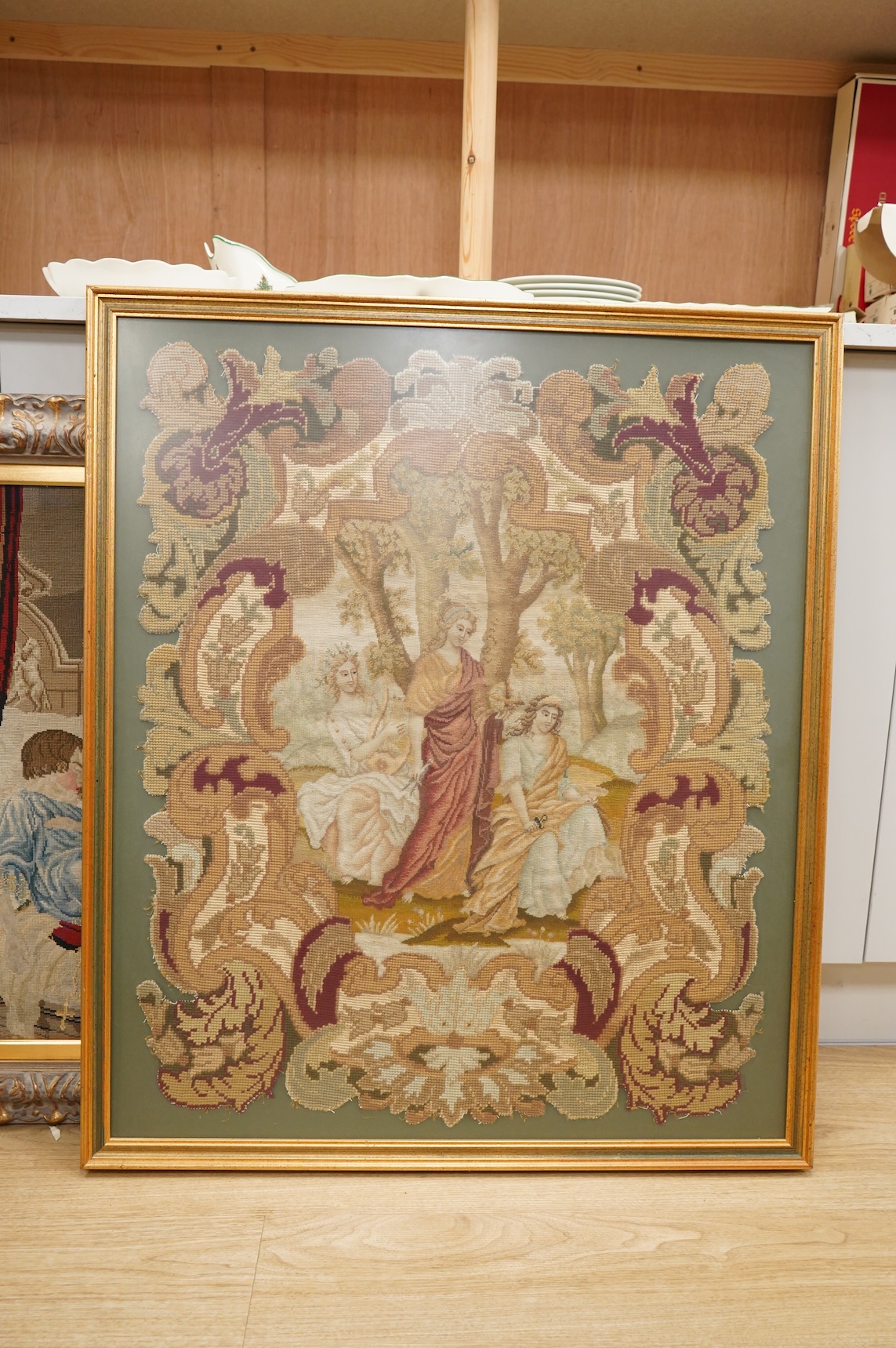 A 19th century Berlin wool work panel of the two princes in the tower - 60cm x 71cm and another wool work with petit point detail of the three graces, both framed.